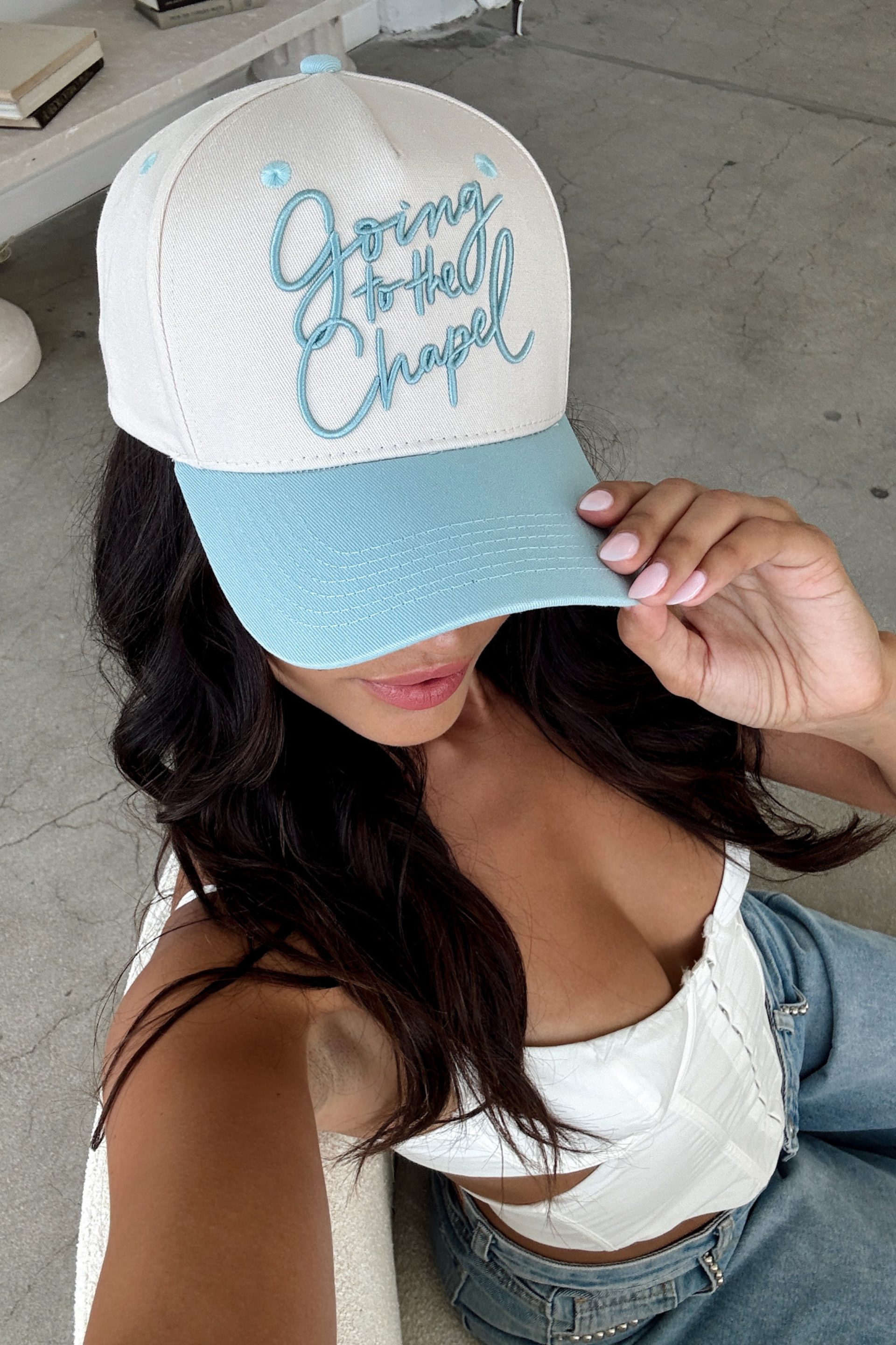 Light Blue Baseball Cap With White Saying And A Boho Style Jewerly. Light Blue CHS Embroidered Hat | DU Exclusives | Dress Up main image 3