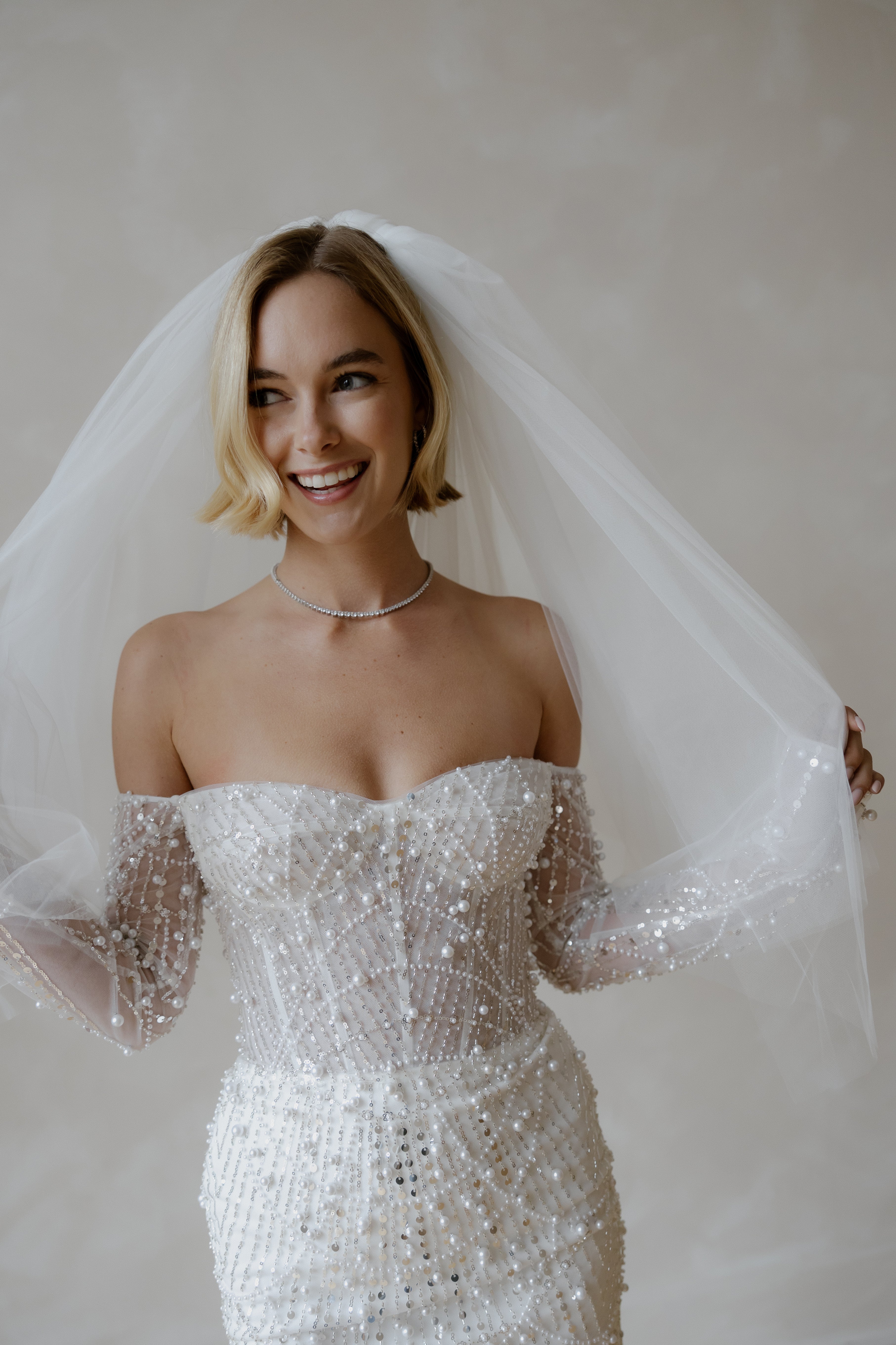 Wedding veil white bridal elegant medium elbow length gold sparkle brand new Sparkly Wedding Veil | Bridal Accessories – Olivia Bottega main image 4