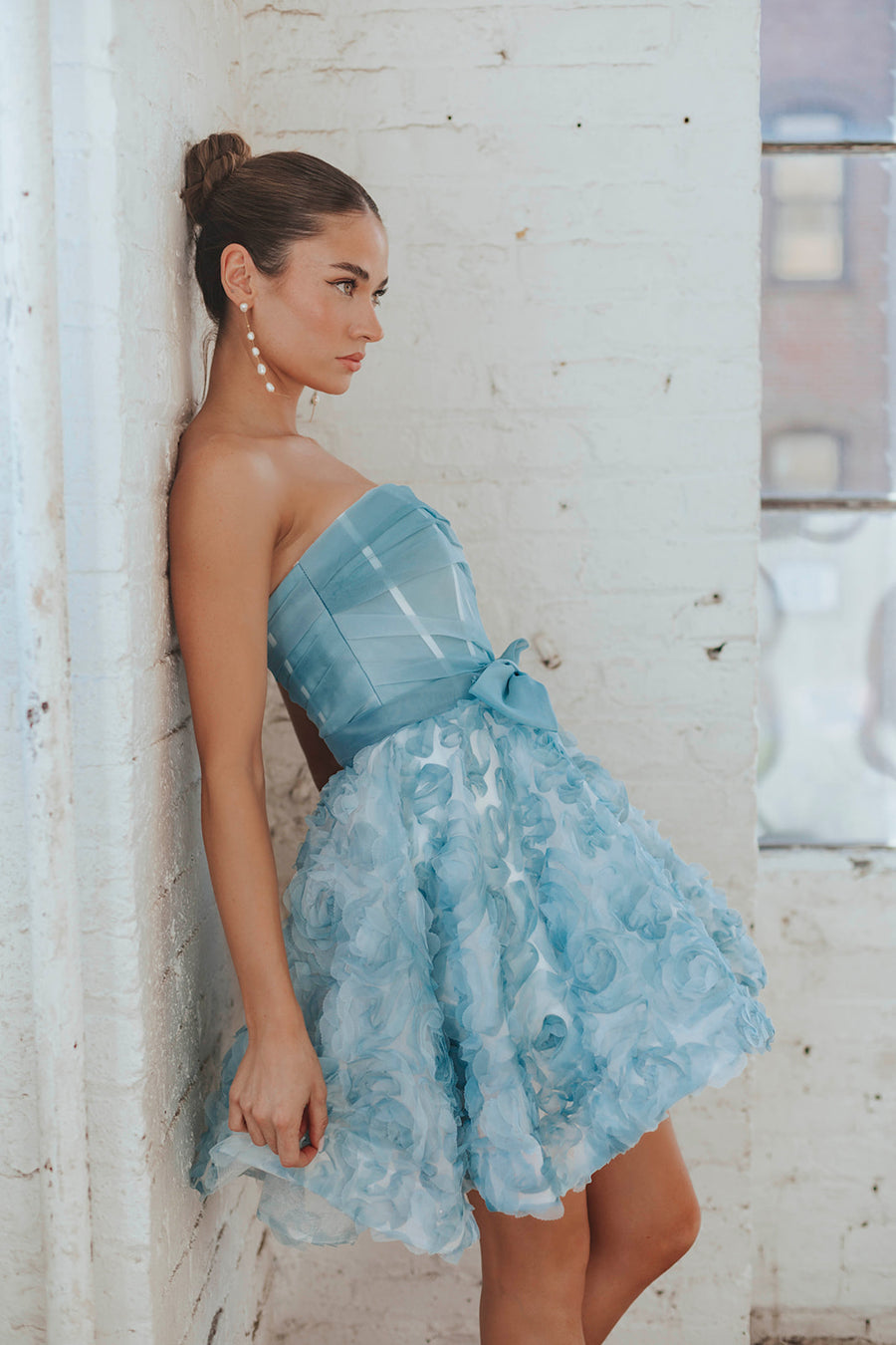 blue bow mini dress Blue Jacquard Briallen Bow Mini Dress