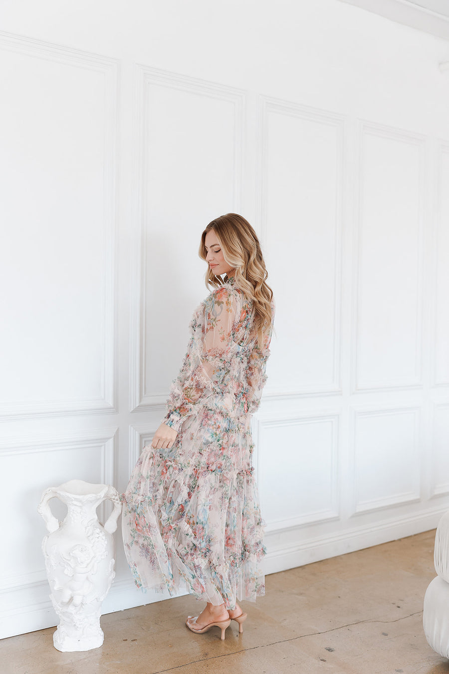 dreamer maxi dress Untamed Petals Dreamer Maxi | Show Stopping Floral Ruffle Long Sleeve Bridal Midi Dress | White
