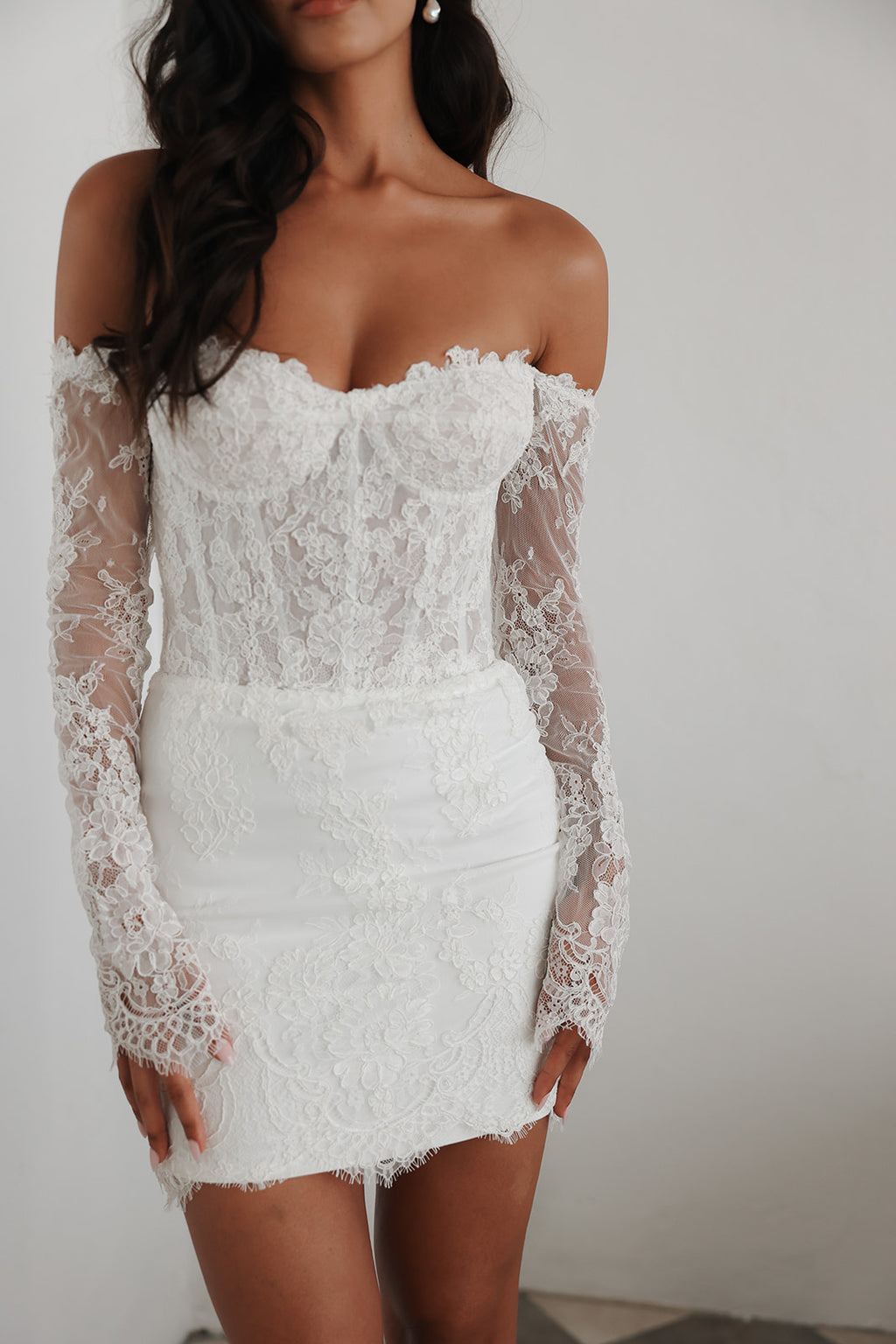 Madeline Off-Shoulder Lace Bridal Mini Dress | Untamed Petals