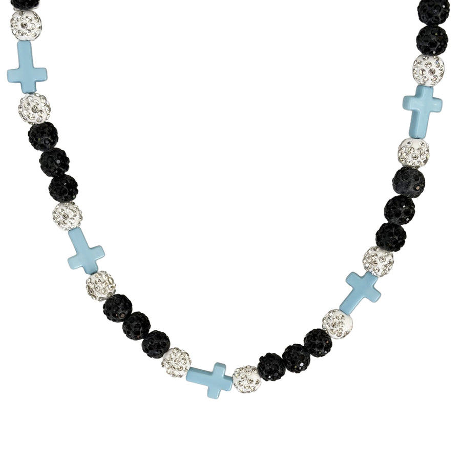 Anchor Faith Drip Beaded Sports Necklace | Light Blue, Black & White