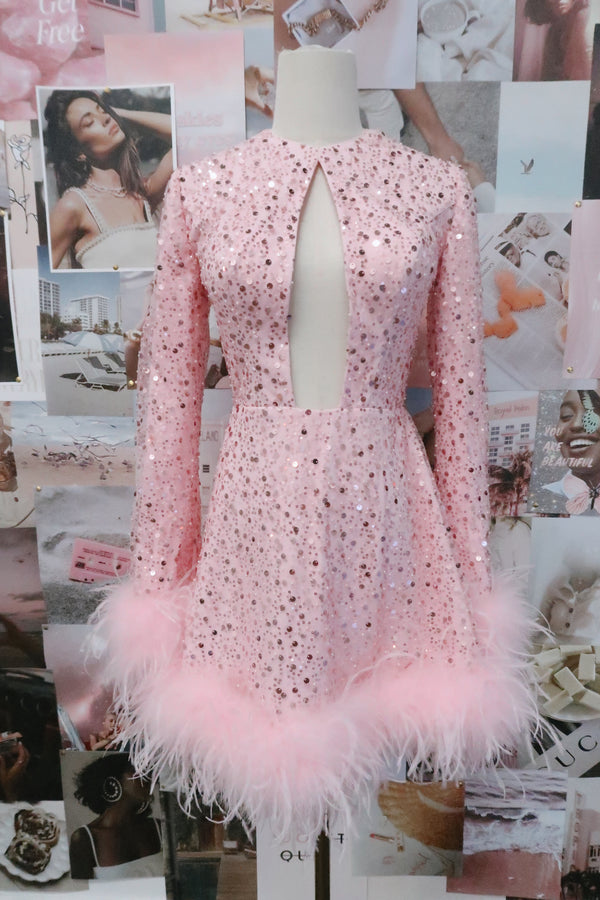 Pink Sequin Feather Dress - SAMPLE SALE