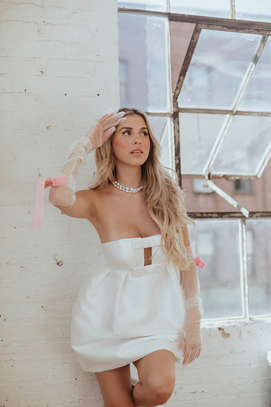 ivory bow mini dress Velvet Satin Bow Mini Dress in Ivory S